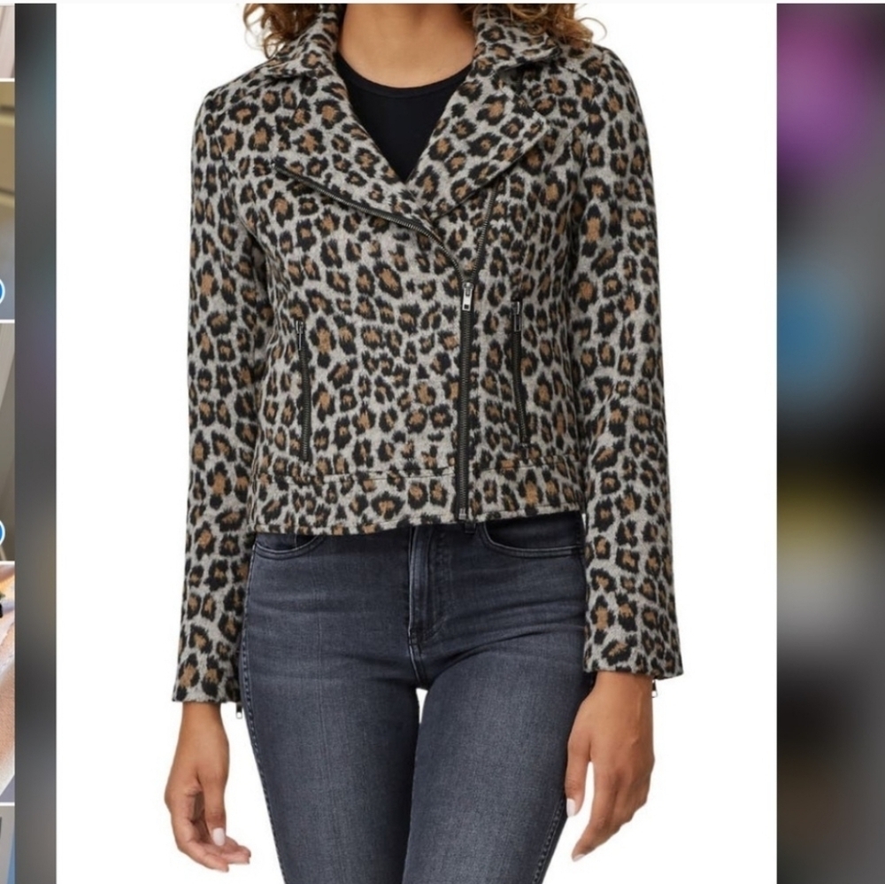 NWT Cupcakes & Cashmere Margaux Leopard Print Moto Jacket Size M Wool Blend